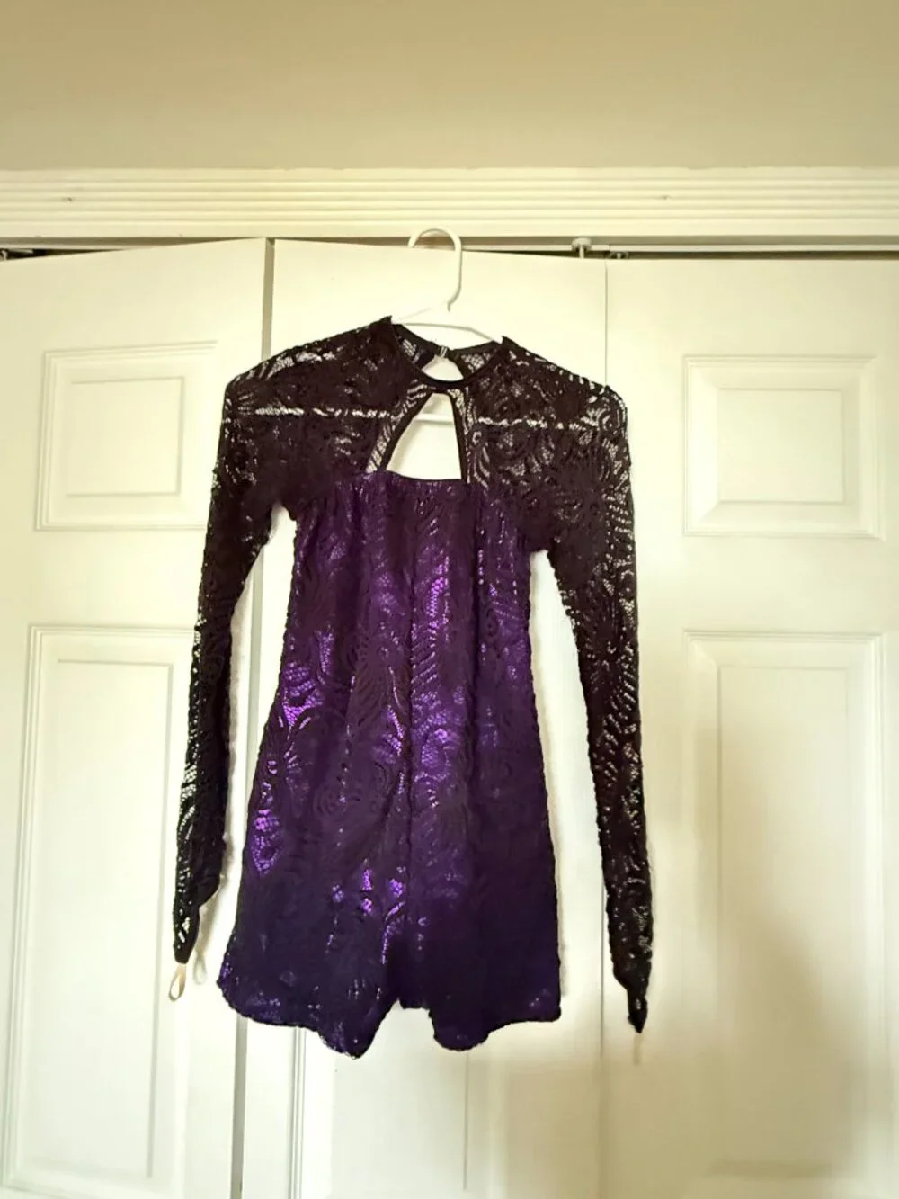 Weissmans purple and black lace long-sleeve keyhole jazz dance costume
